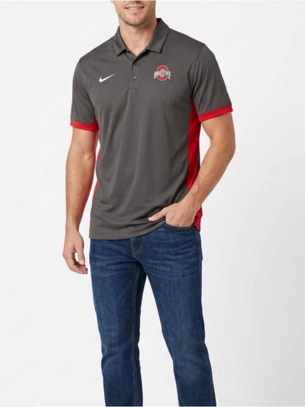 Ohio State Buckeyes Polo Shirt Nike Dri-Fit Gray /Red Short Sleeve Men's Size XL